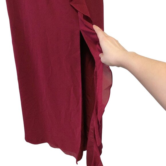 Revelry Solid Red Wine Ruffle V-neck Criss-cross Back Side Slit Formal Dress 0 - Picture 6 of 8